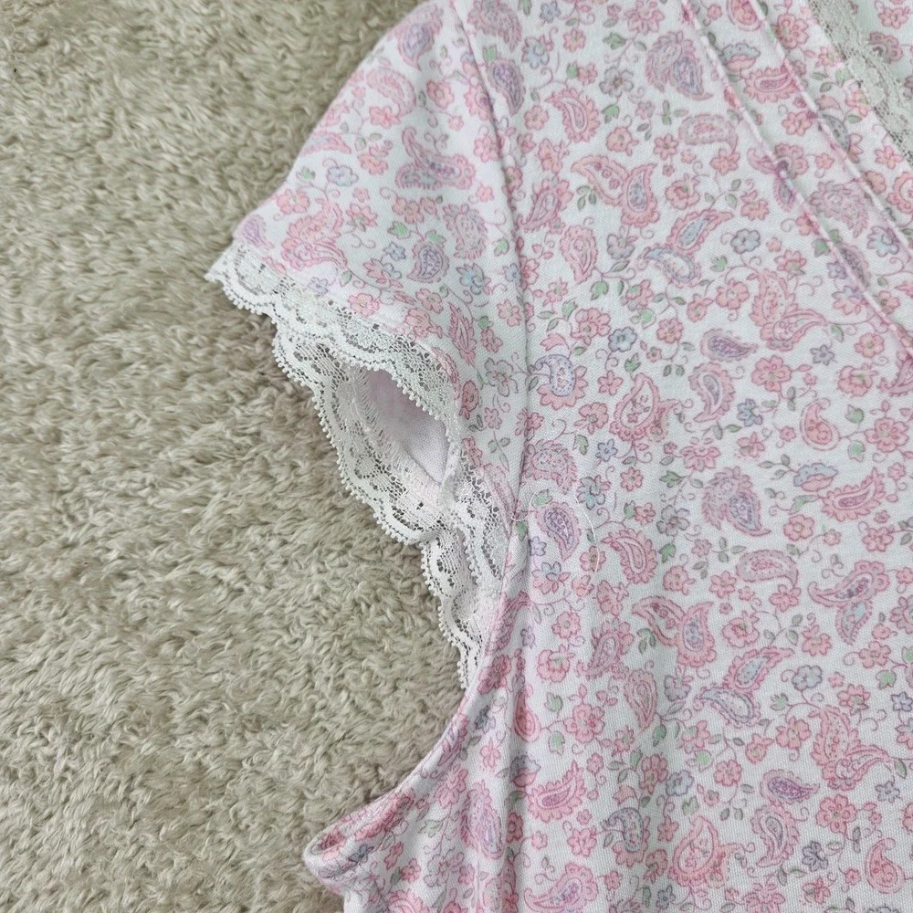 Miss Elaine Nightgown XL Pink Floral Paisley Long Cap Sleeve Lace Trim Maxi - Picture 7 of 16